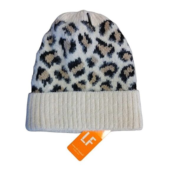 LF Love Of Fashion Ivory Animal Print Cuffed Acrylic Nylon Beanie NWT - Picture 1 of 14